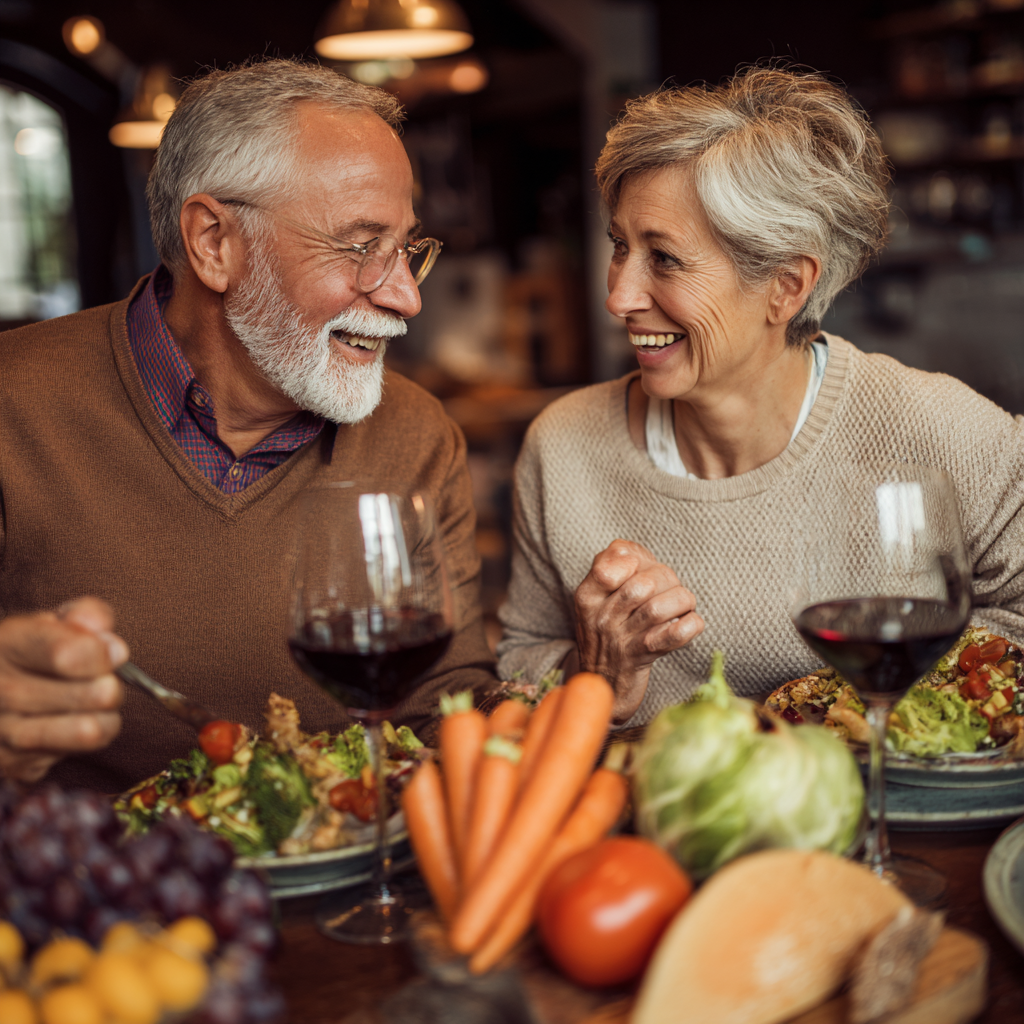 Middle-aged adults enjoying healthy fiber-rich meal together