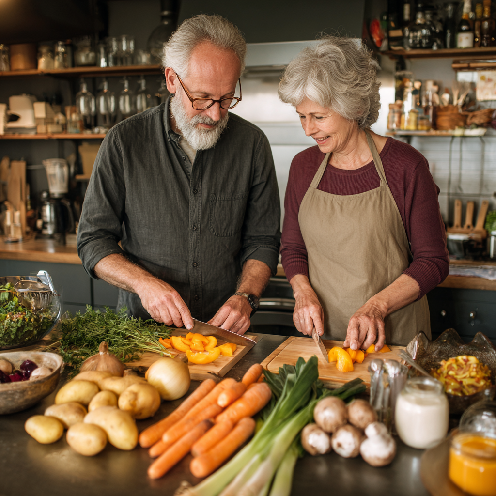 Middle-aged adults doing gentle exercises and preparing nutritious meals